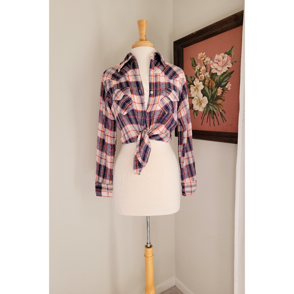 70s Plaid Cotton Gauze Long Sleeve 1970s Vintage Button Down India Cotton Blouse - Picture 6 of 15